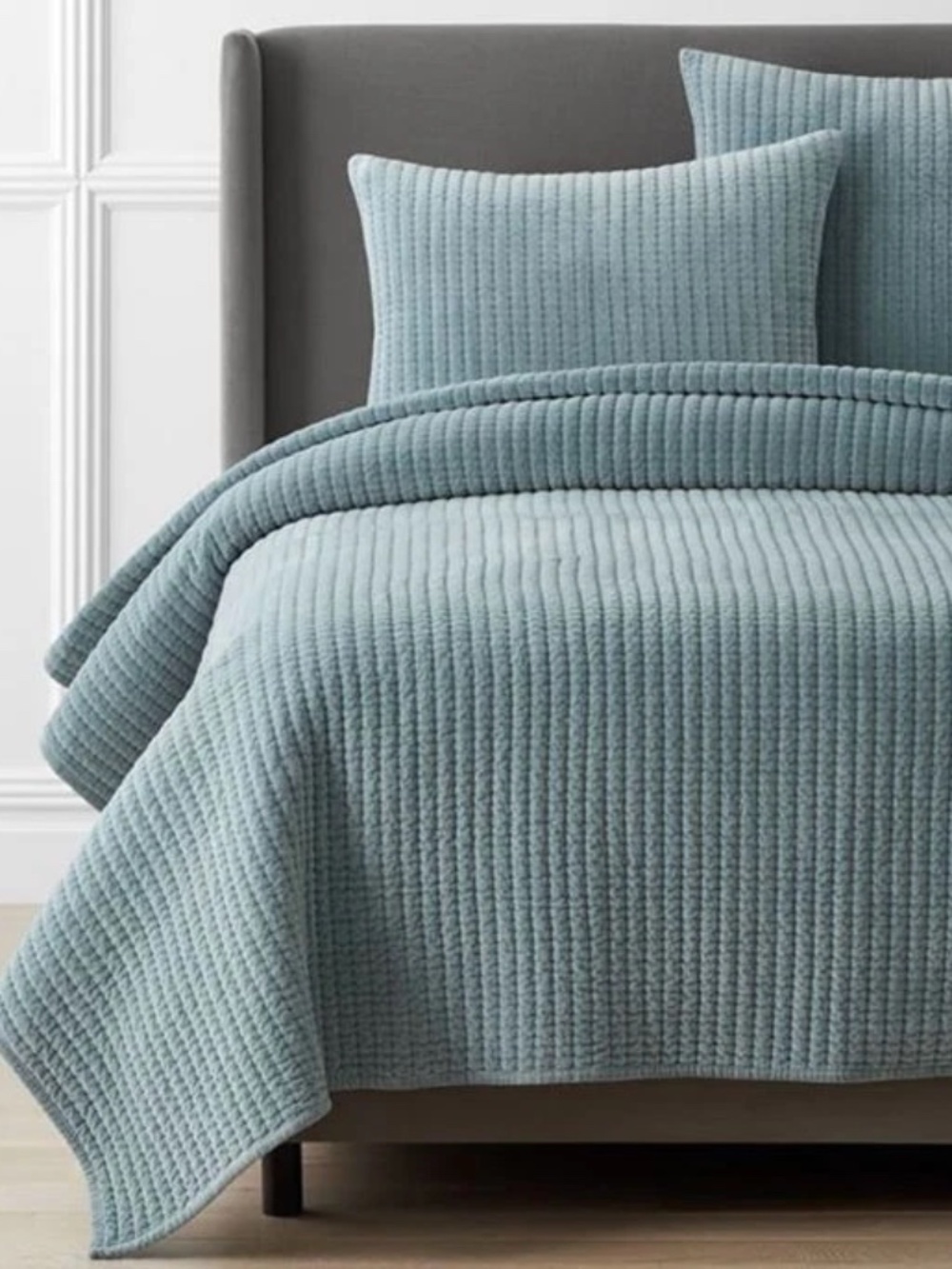 The Company Store Straight Kantha Stitch Velvet Quilt Mineral Blue King $430